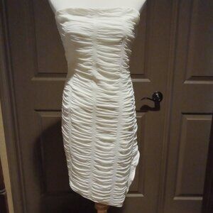 White asymmetrical strapless dress, ruched or bunched material, size M